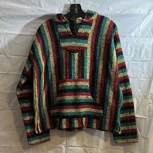 Cozy Red and Green Striped Henley Sweater size large Rasta hoodie Echo Naturals